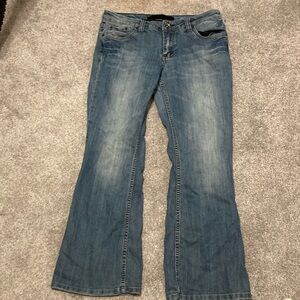 Washed denim jeans. Refuge denim. Bell bottom girlfriend style.